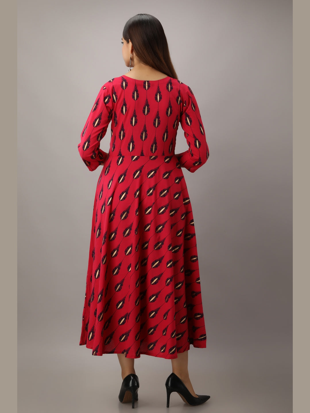 Cotton Printed Round Neck 3/4 Sleeve Flared Ankle Length Kurta