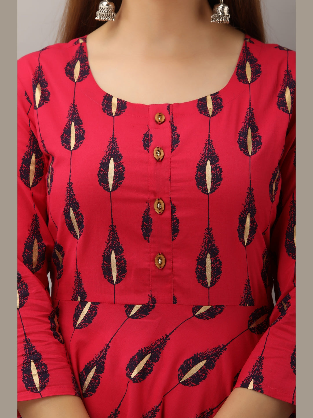 Cotton Printed Round Neck 3/4 Sleeve Flared Ankle Length Kurta