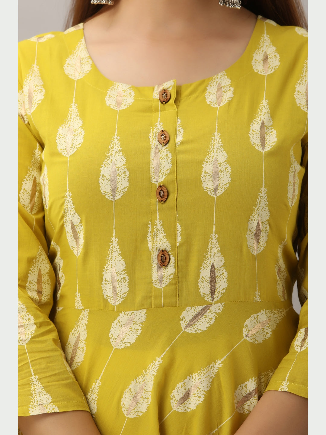 Cotton Printed Round Neck 3/4 Sleeve Flared Ankle Length Kurta