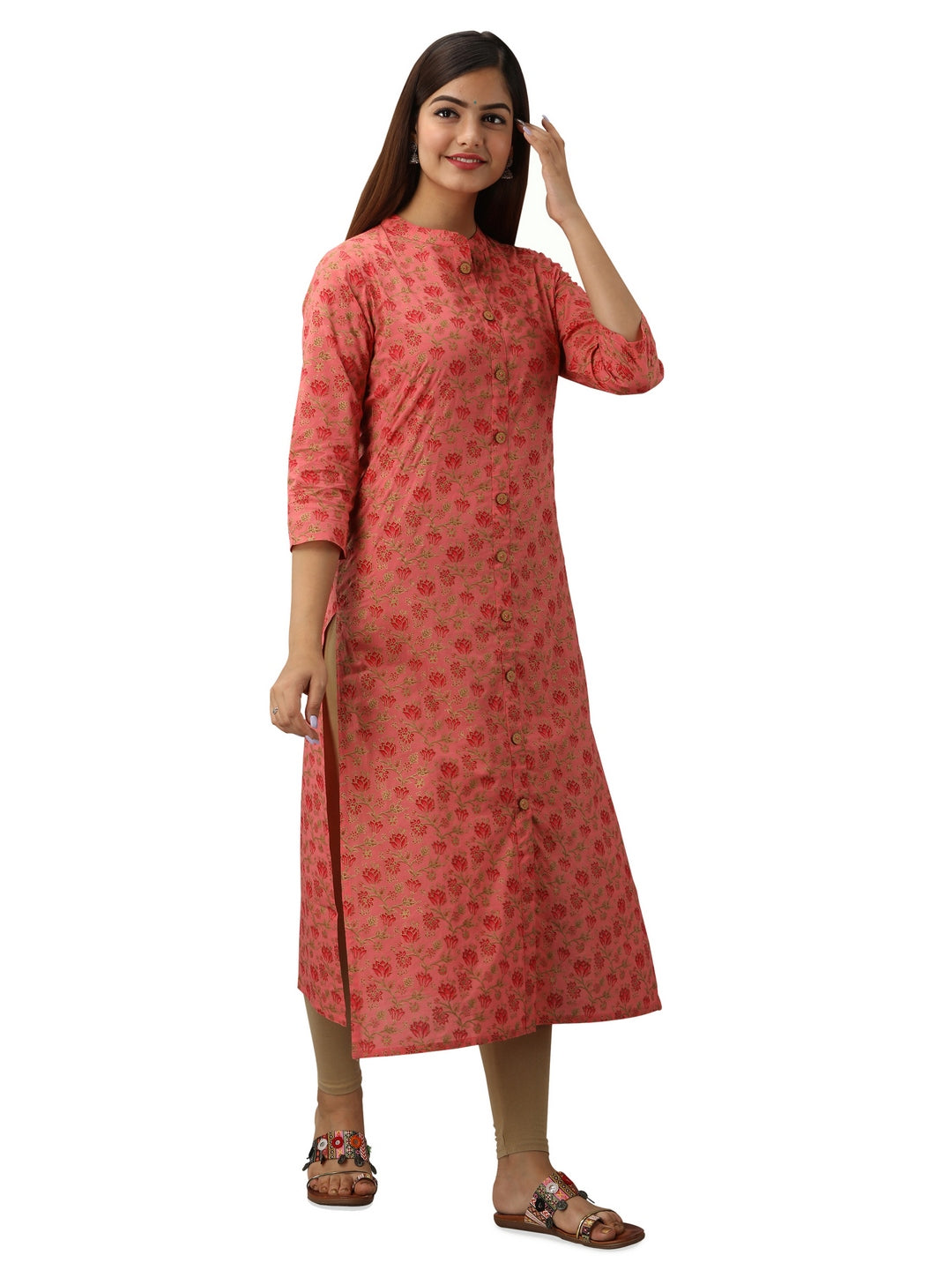 Cotton Printed Mandarin Neck 3/4 Sleeve Straight Calf Length Kurta