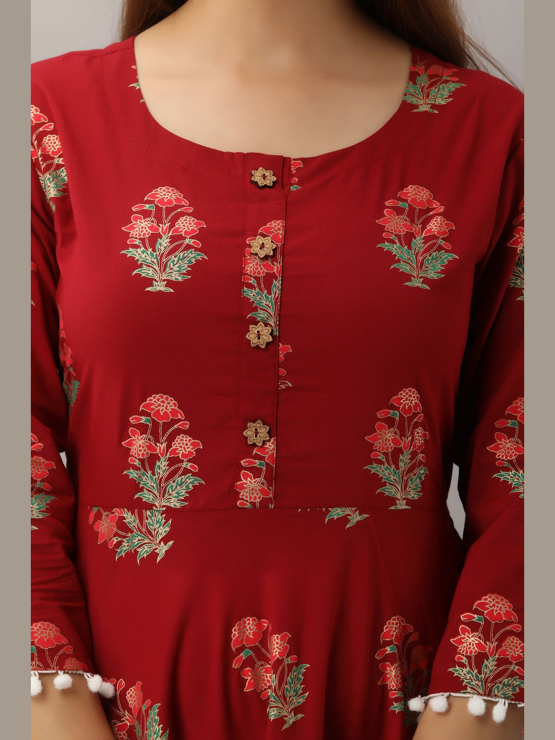 Cotton Printed Round Neck 3/4 Sleeve Flared Ankle Length Kurta