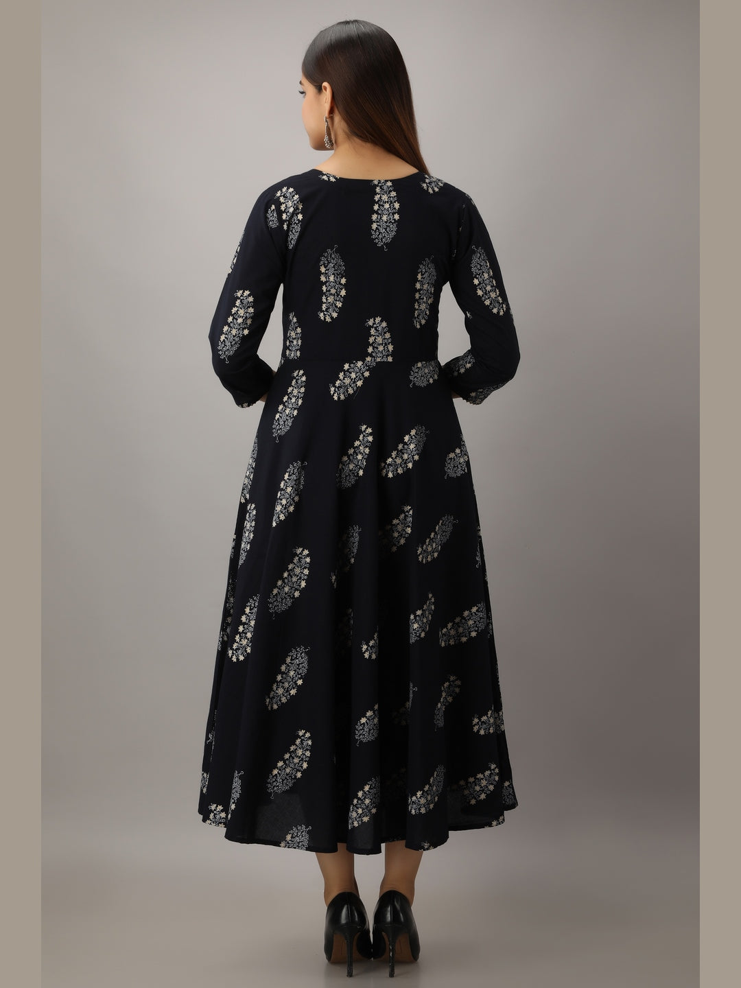 Cotton Printed Round Neck 3/4 Sleeve Flared Ankle Length Kurta