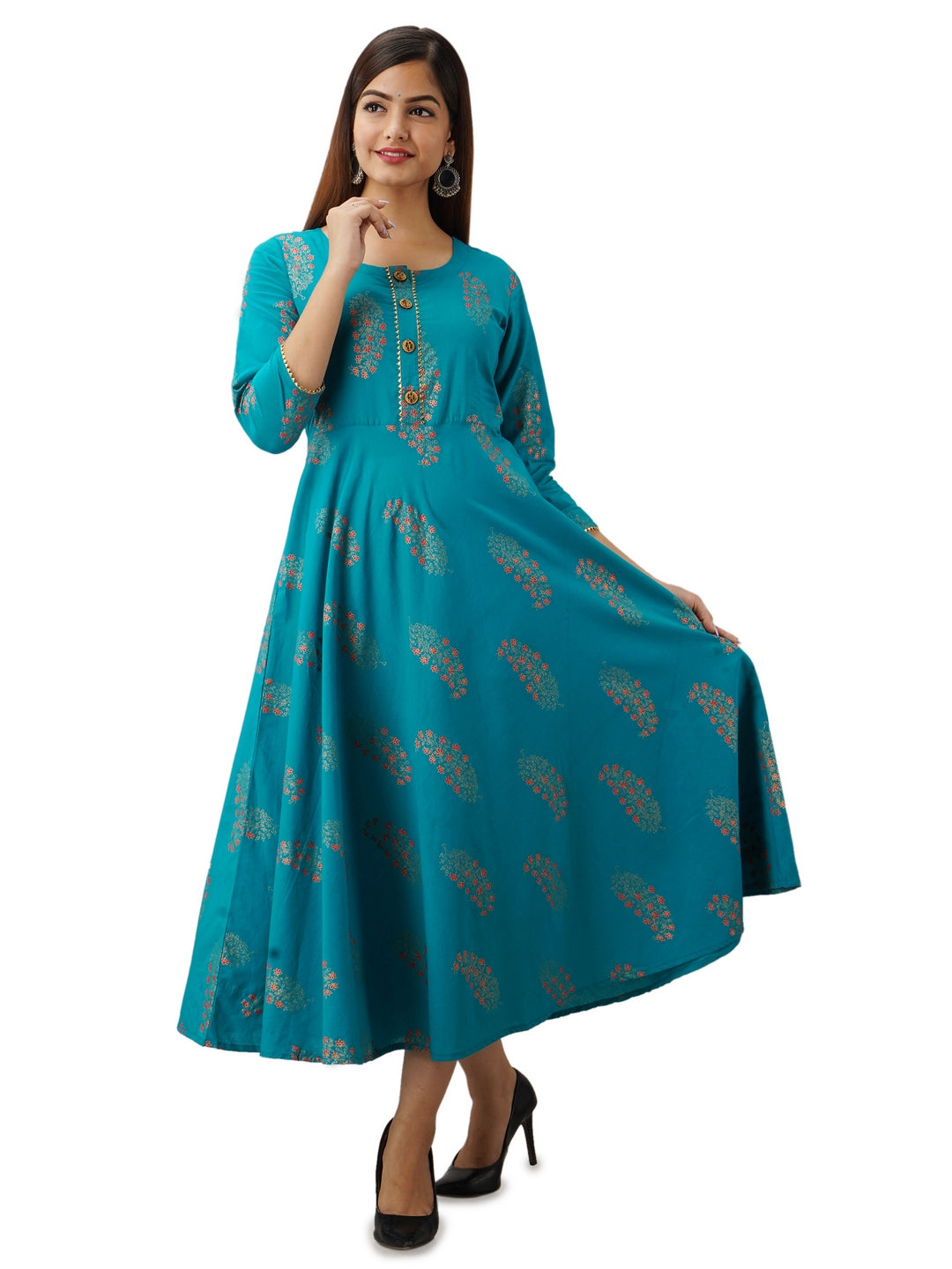 Cotton Printed Round Neck 3/4 Sleeve Flared Ankle Length Kurta