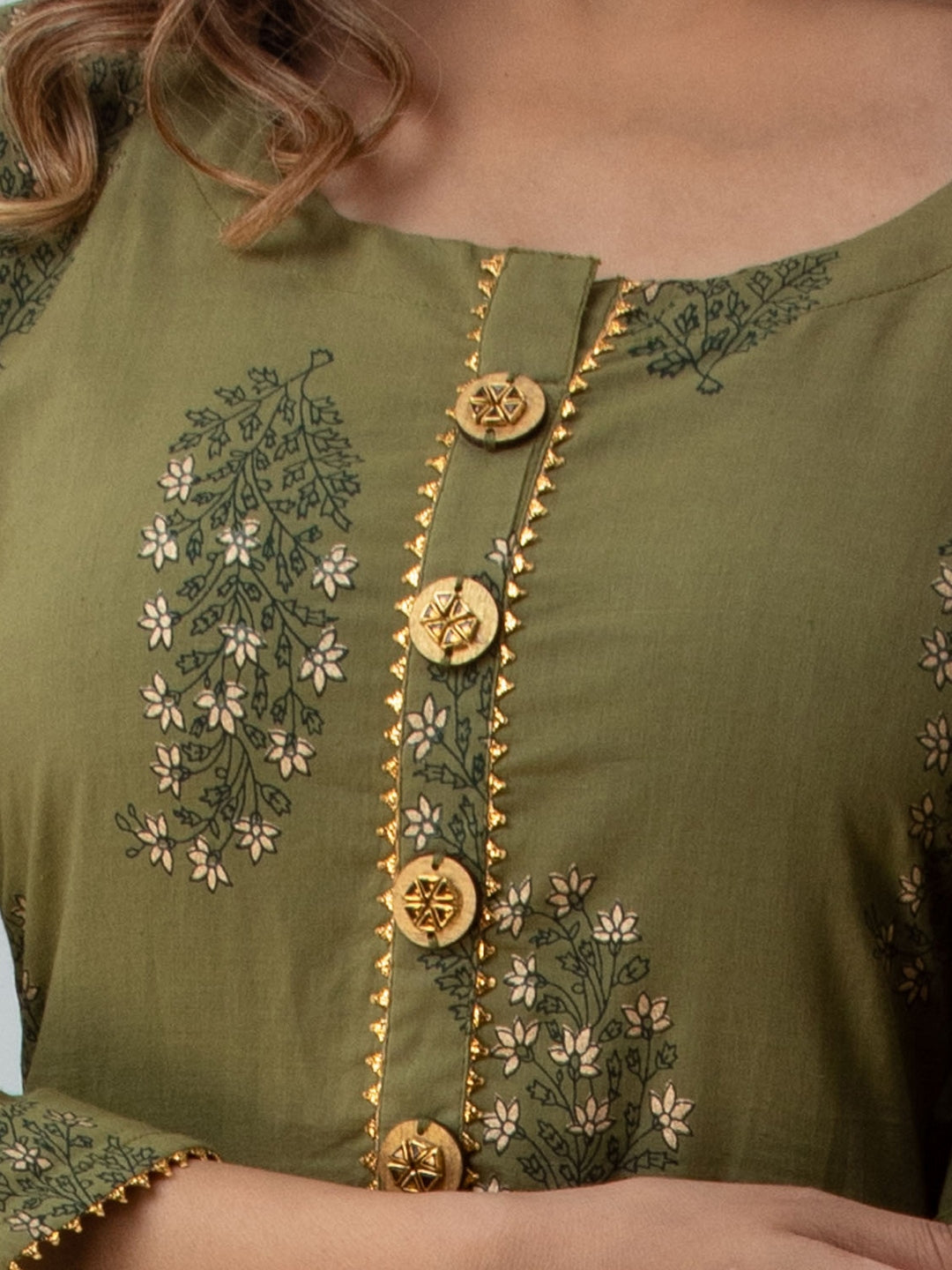 Cotton Printed Round Neck 3/4 Sleeve Flared Ankle Length Kurta