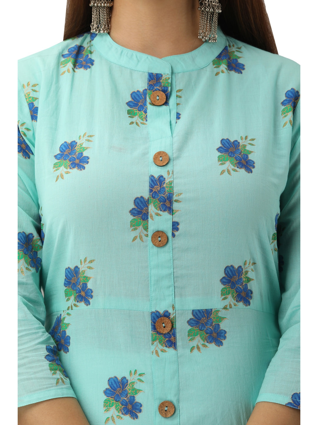 Cotton Printed Mandarin Neck 3/4 Sleeve A-line Ankle Length Kurta