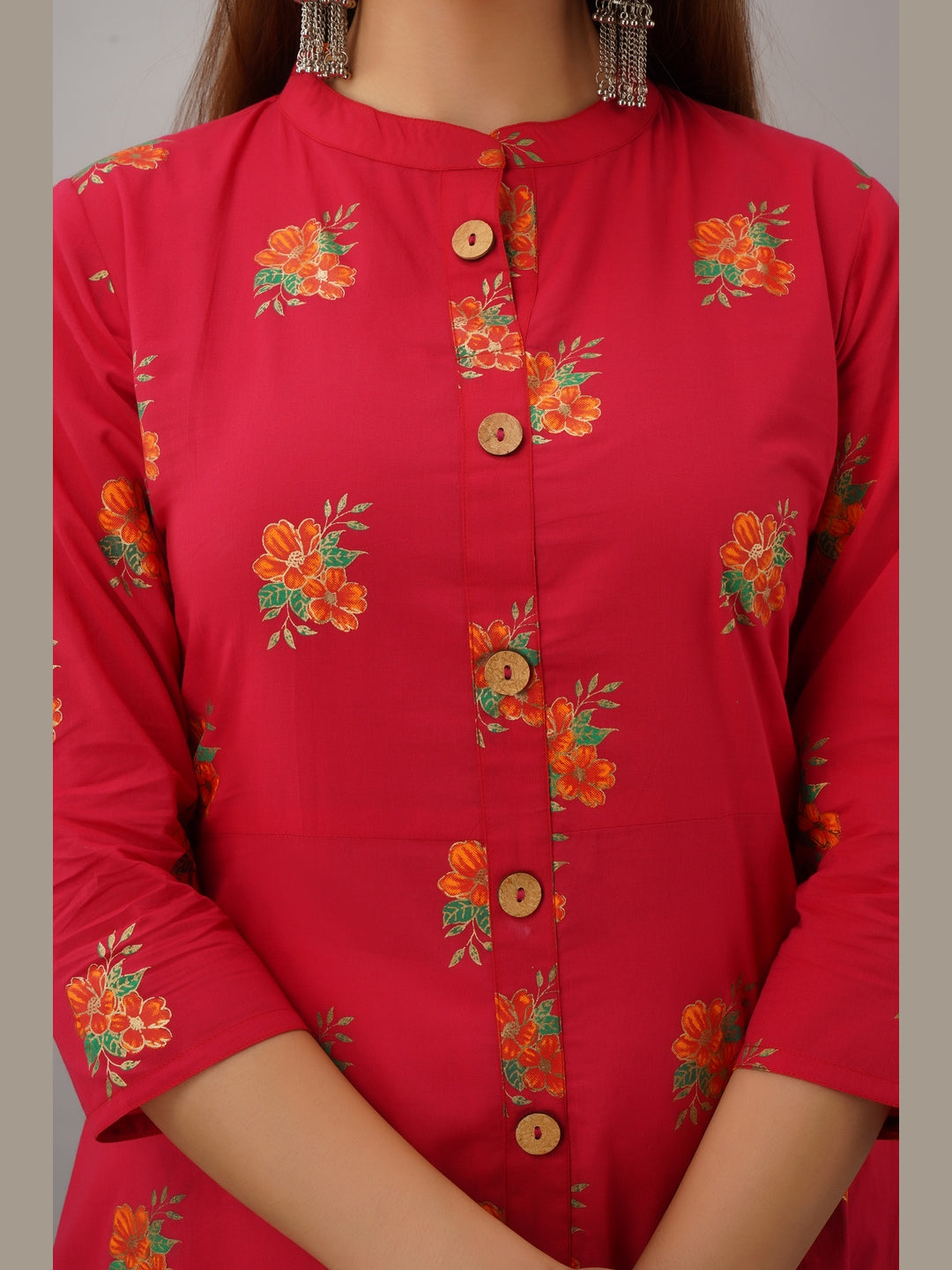 Cotton Printed Mandarin Neck 3/4 Sleeve A-line Ankle Length Kurta