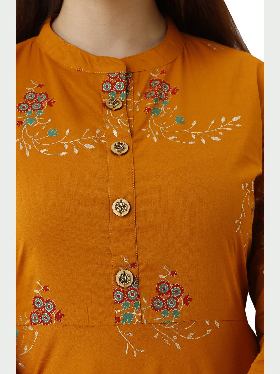 Cotton Printed Mandarin Neck 3/4 Sleeve Flared Ankle Length Kurta