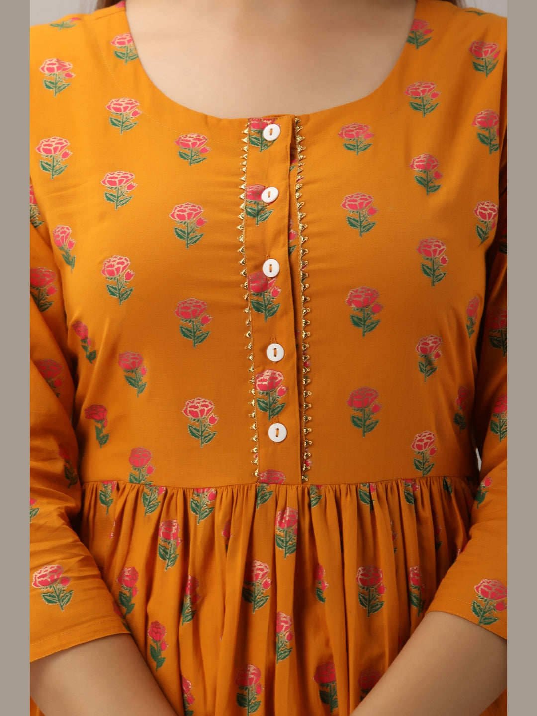 Cotton Printed Round Neck 3/4 Sleeve Flared Ankle Length Kurta