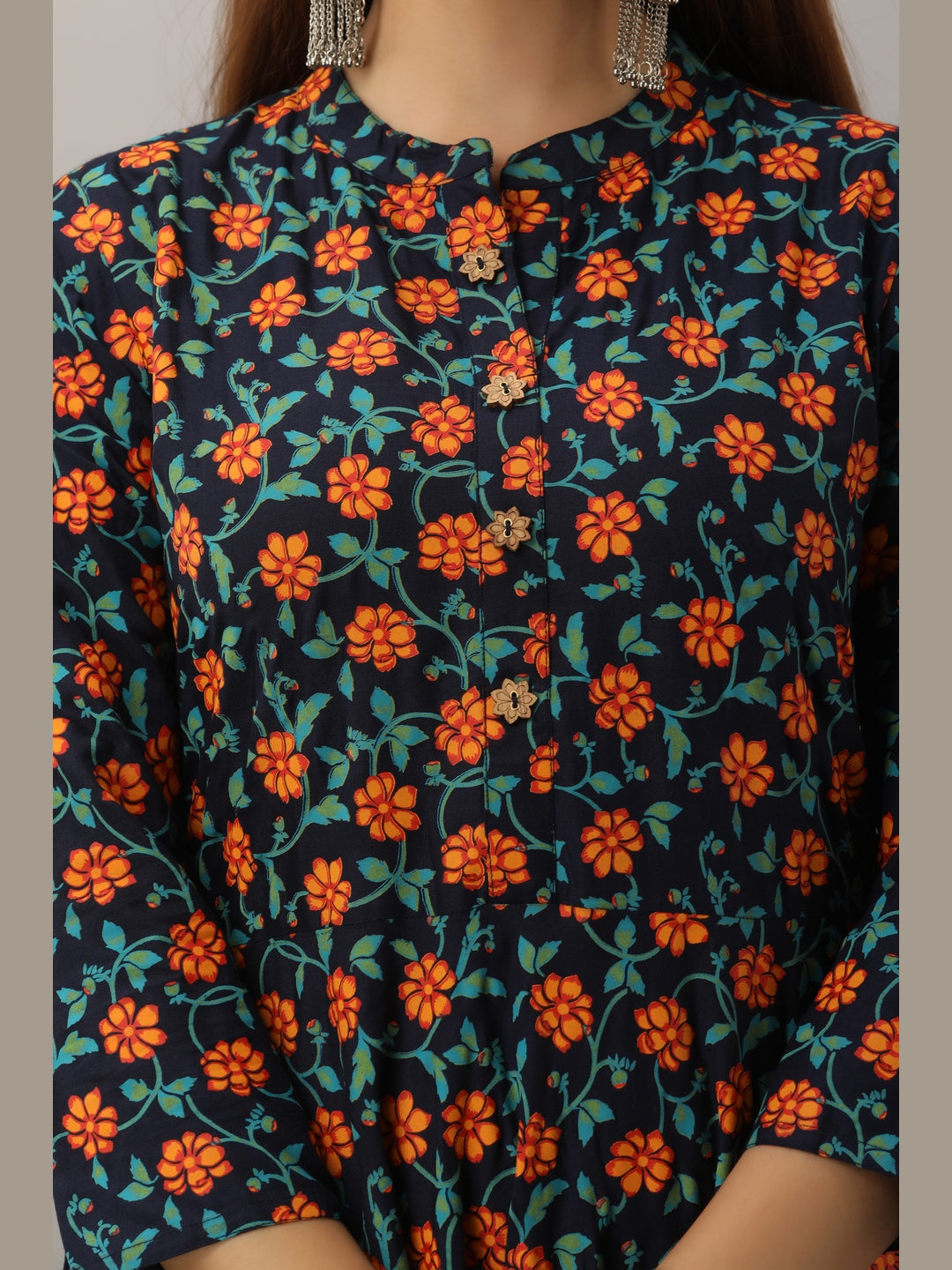 Cotton Printed Mandarin Neck 3/4 Sleeve Flared Ankle Length Kurta