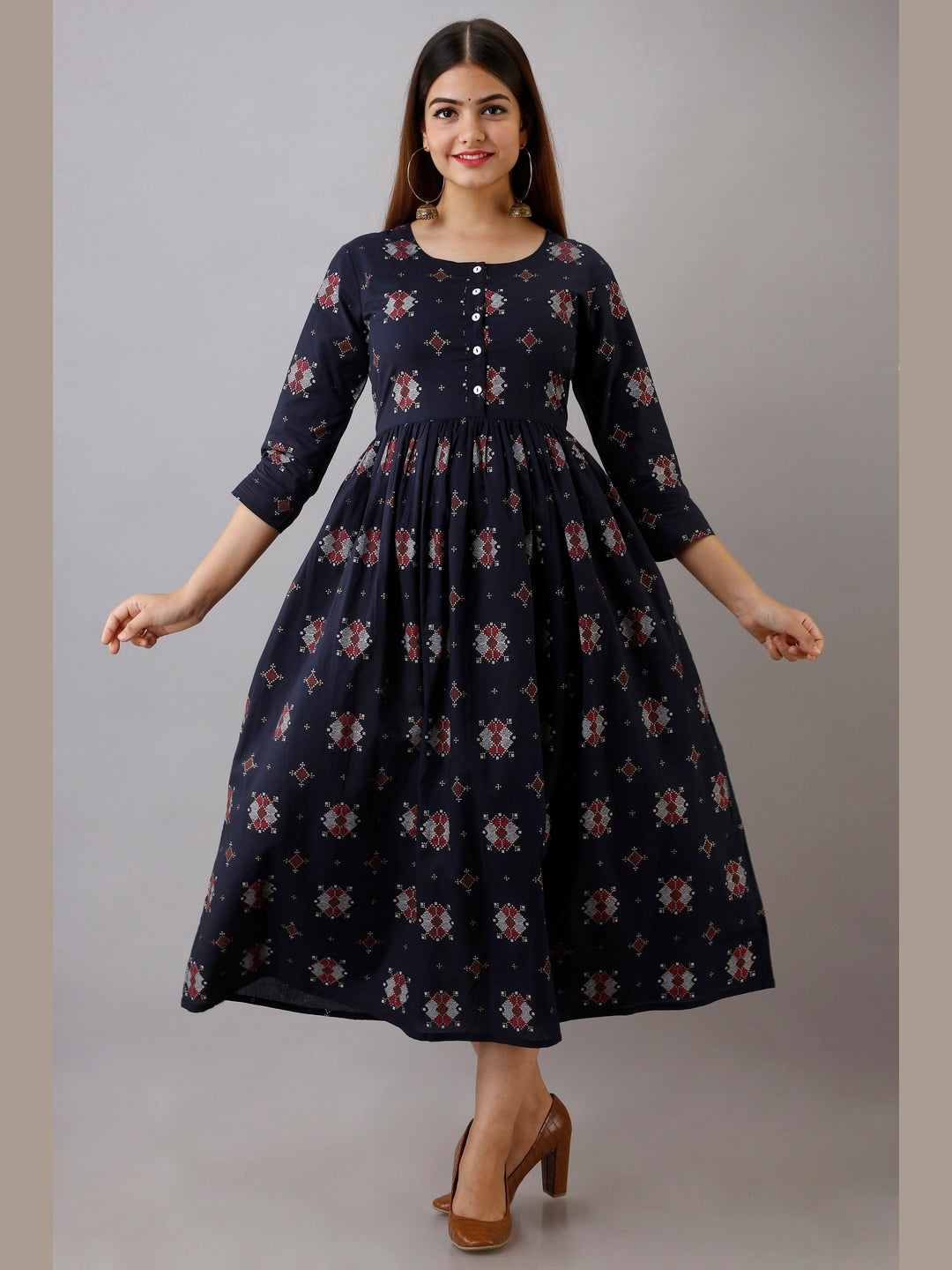 Cotton Printed Round Neck 3/4 Sleeve Flared Ankle Length Kurta