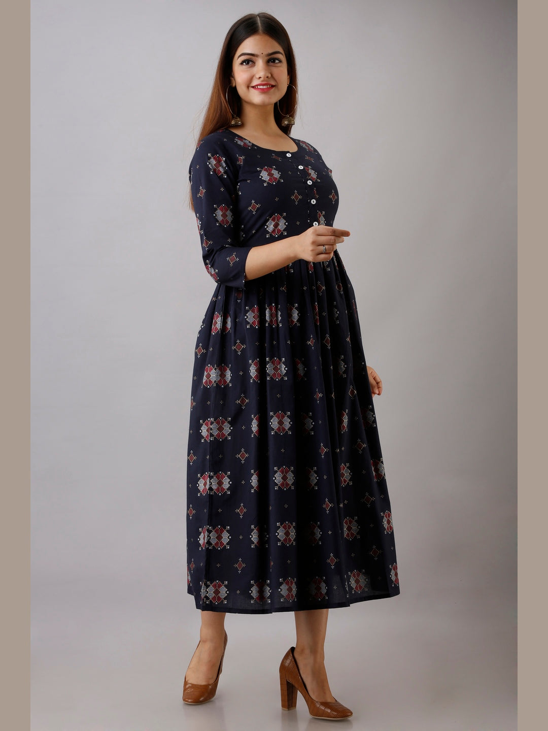 Cotton Printed Round Neck 3/4 Sleeve Flared Ankle Length Kurta