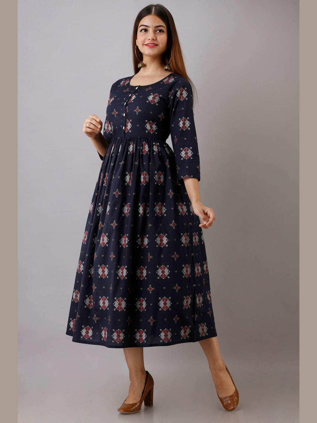 Cotton Printed Round Neck 3/4 Sleeve Flared Ankle Length Kurta