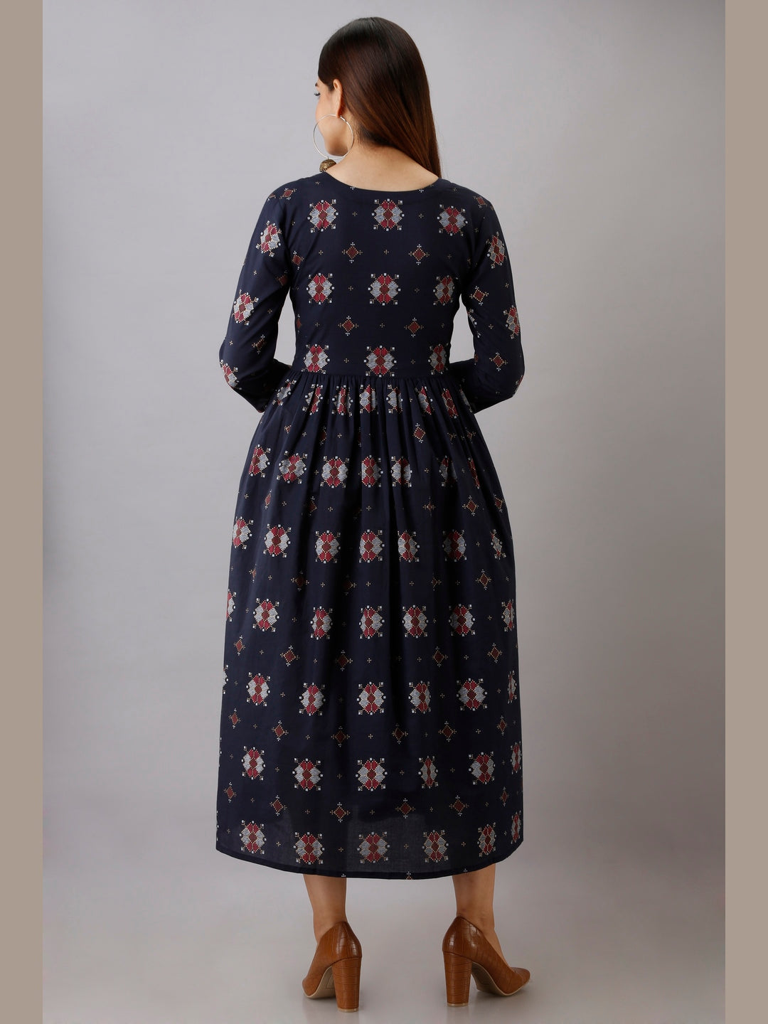 Cotton Printed Round Neck 3/4 Sleeve Flared Ankle Length Kurta