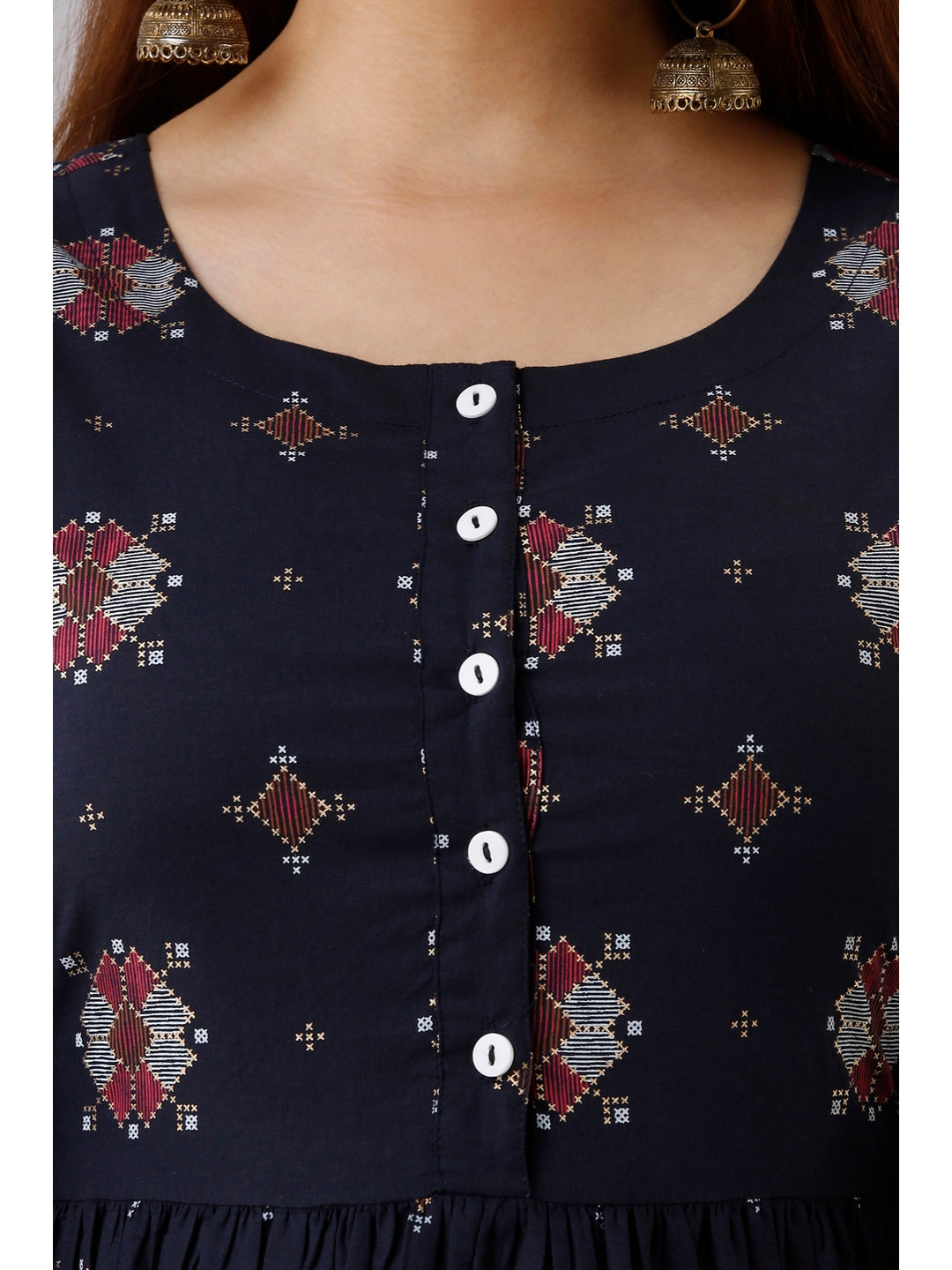 Cotton Printed Round Neck 3/4 Sleeve Flared Ankle Length Kurta