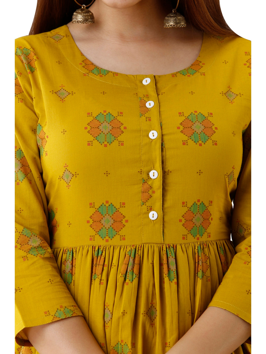 Cotton Printed Round Neck 3/4 Sleeve Flared Ankle Length Kurta