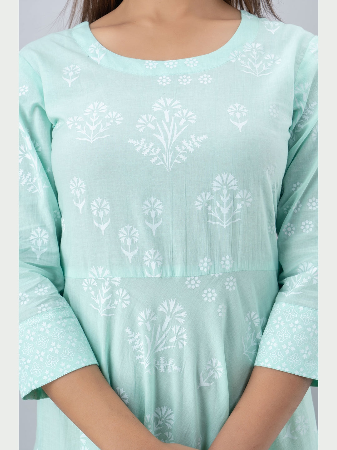 Cotton Printed Round Neck 3/4 Sleeve Flared Ankle Length Kurta