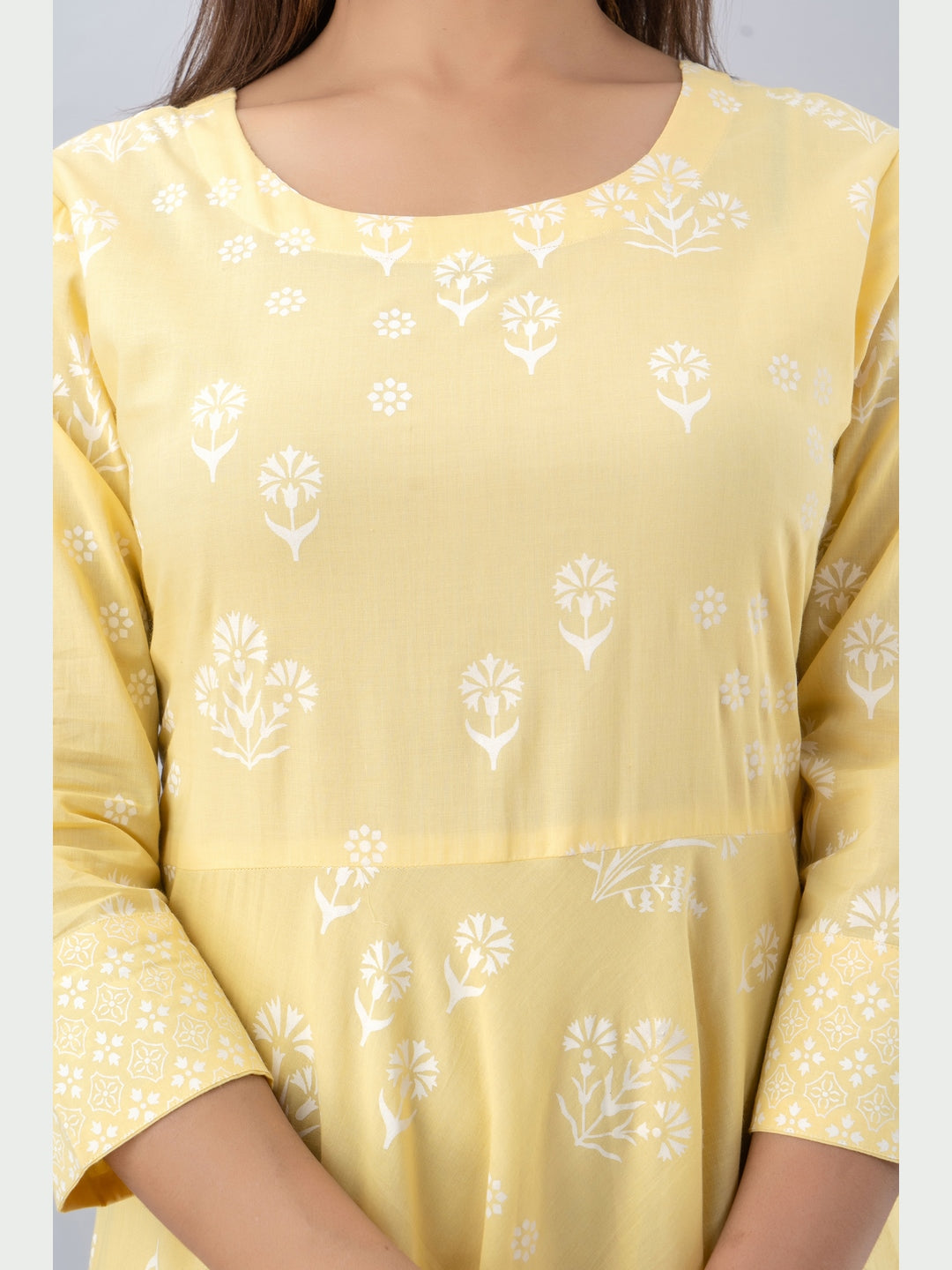 Cotton Printed Round Neck 3/4 Sleeve Flared Ankle Length Kurta