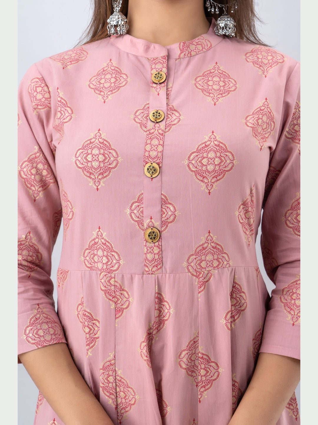 Cotton Printed Mandarin Neck 3/4 Sleeve Flared Ankle Length Kurta