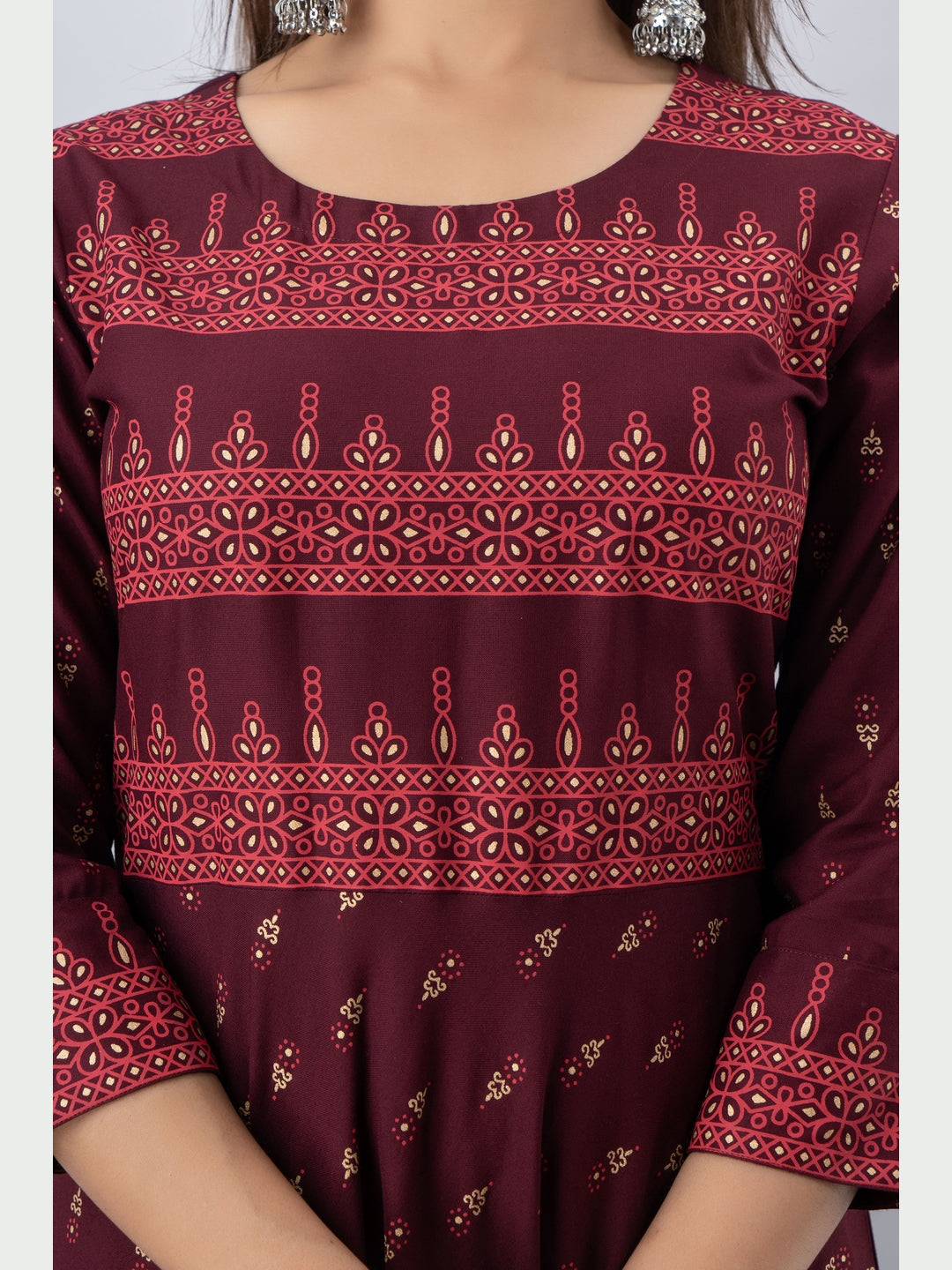 Cotton Printed Round Neck 3/4 Sleeve Flared Ankle Length Kurta