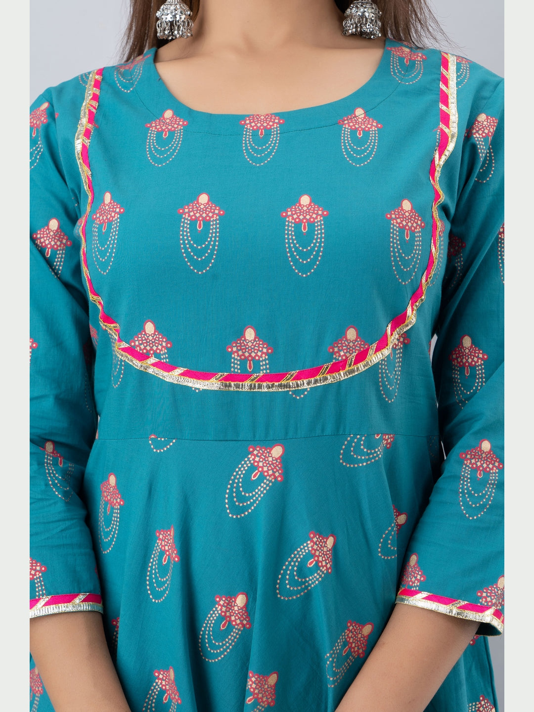 Cotton Printed Round Neck 3/4 Sleeve Flared Ankle Length Kurta