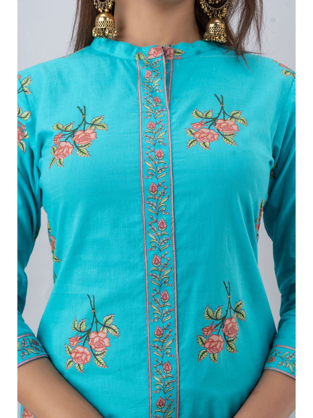 Cotton Printed Mandarin Neck 3/4 Sleeve Straight Calf Length Kurta