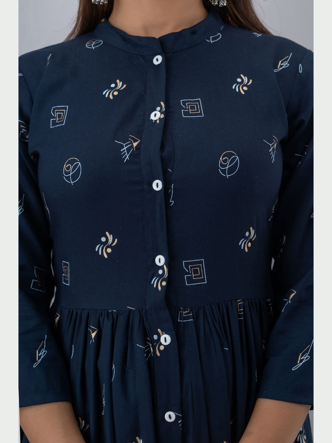 Cotton Printed Mandarin Neck 3/4 Sleeve Flared Ankle Length Kurta