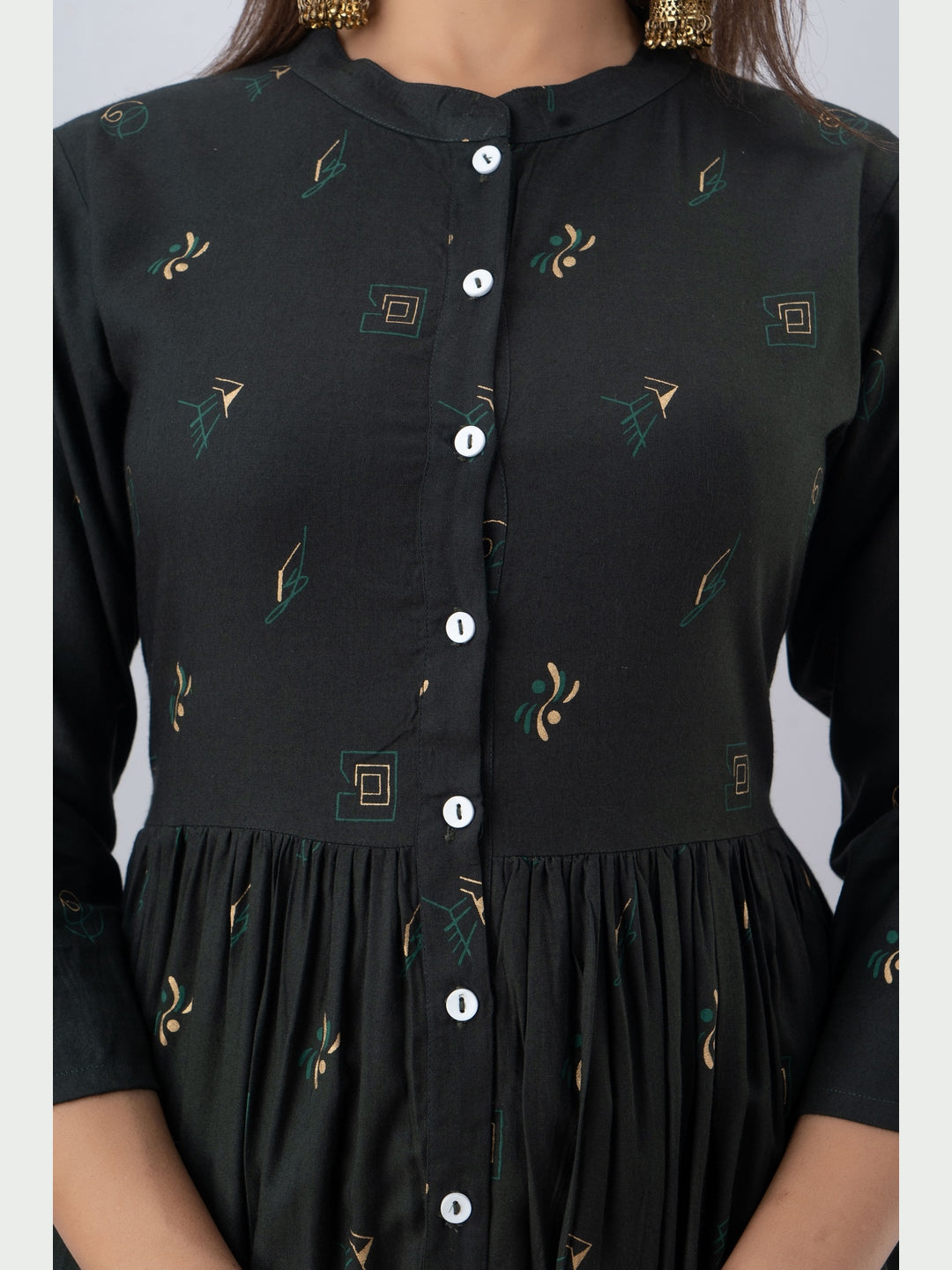 Cotton Printed Mandarin Neck 3/4 Sleeve Flared Ankle Length Kurta