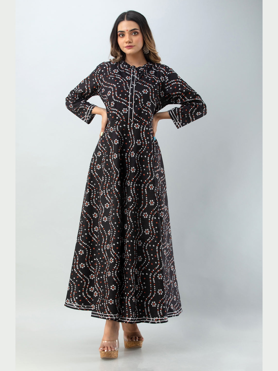 Cotton Printed Mandarin Neck 3/4 Sleeve Flared Ankle Length Kurta