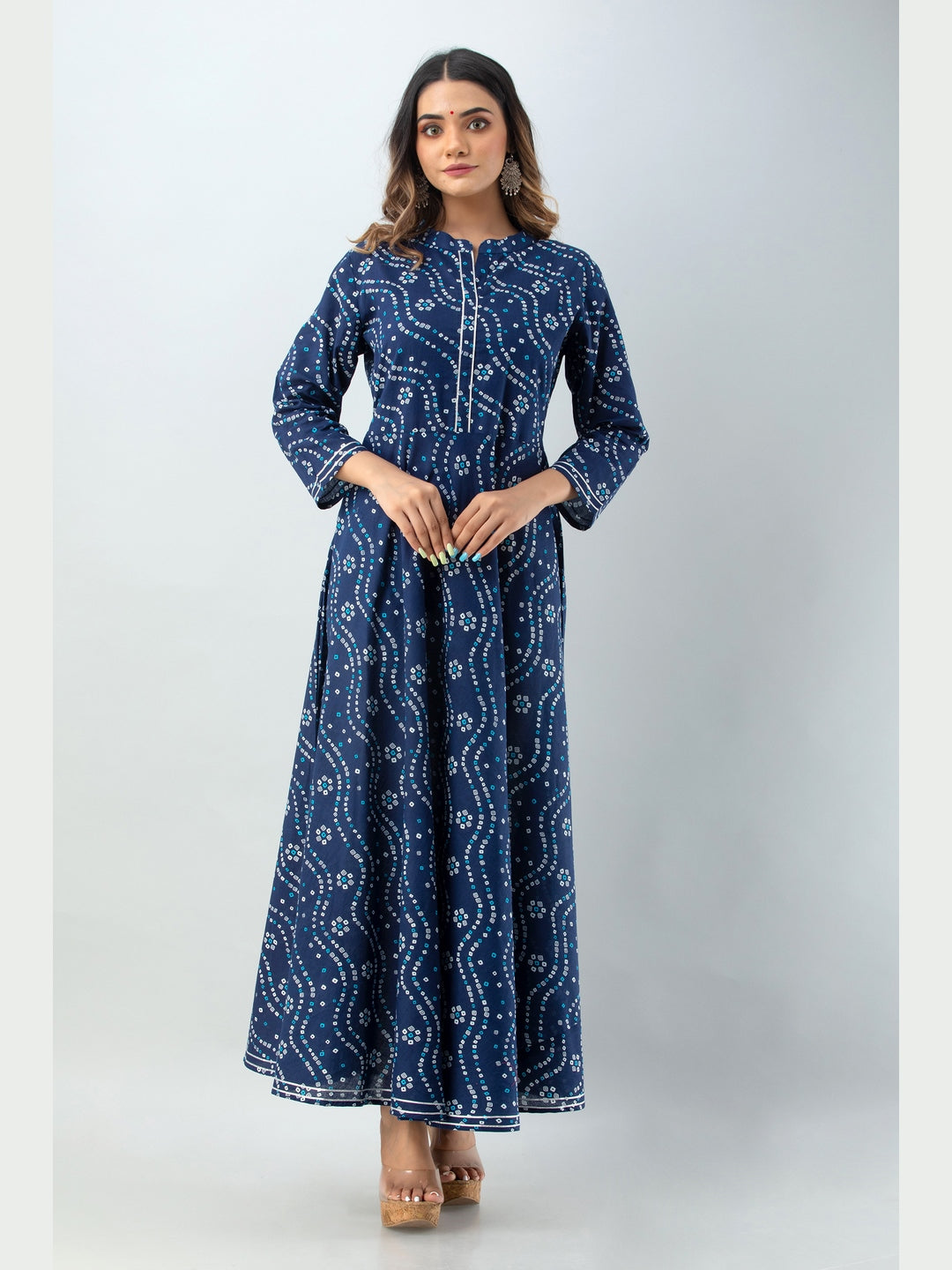 Cotton Printed Mandarin Neck 3/4 Sleeve Flared Ankle Length Kurta