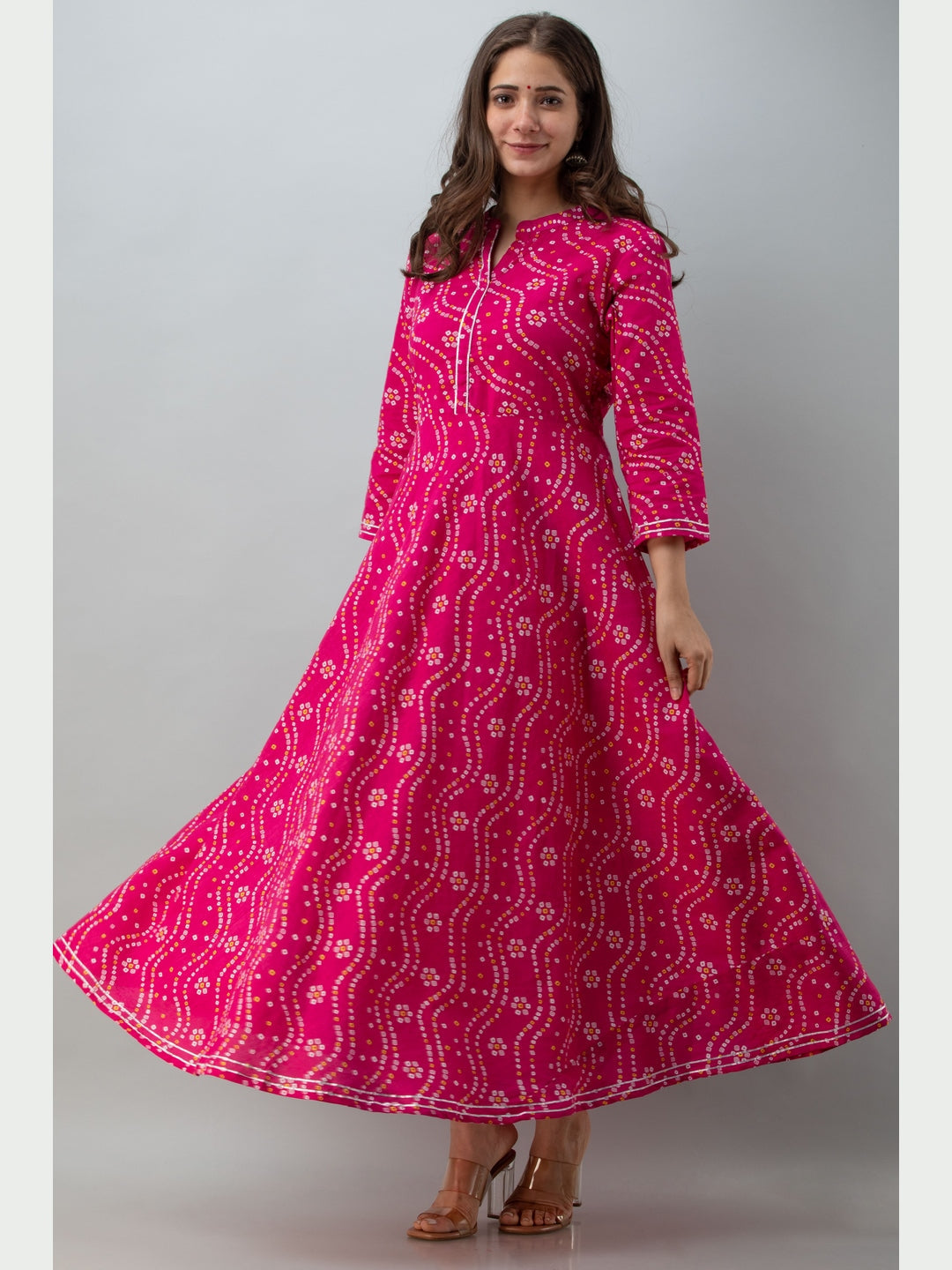 Cotton Printed Mandarin Neck 3/4 Sleeve Flared Ankle Length Kurta