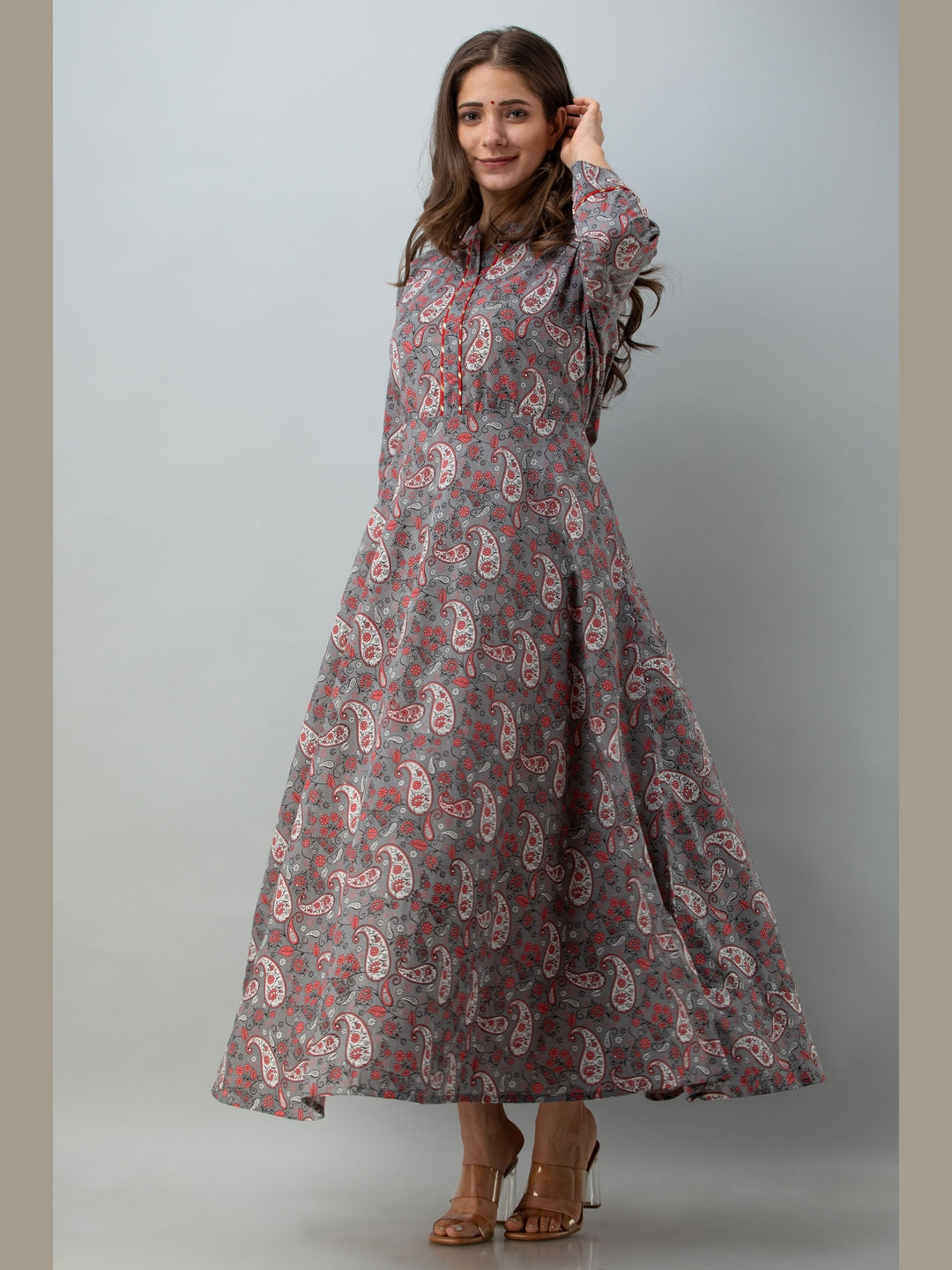 Cotton Printed Mandarin Neck 3/4 Sleeve Flared Ankle Length Kurta