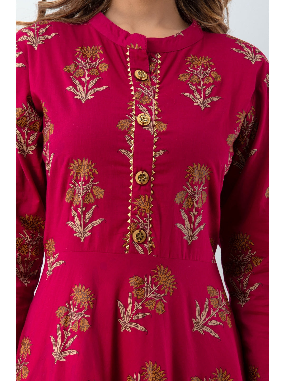 Cotton Printed Mandarin Neck 3/4 Sleeve Flared Ankle Length Kurta