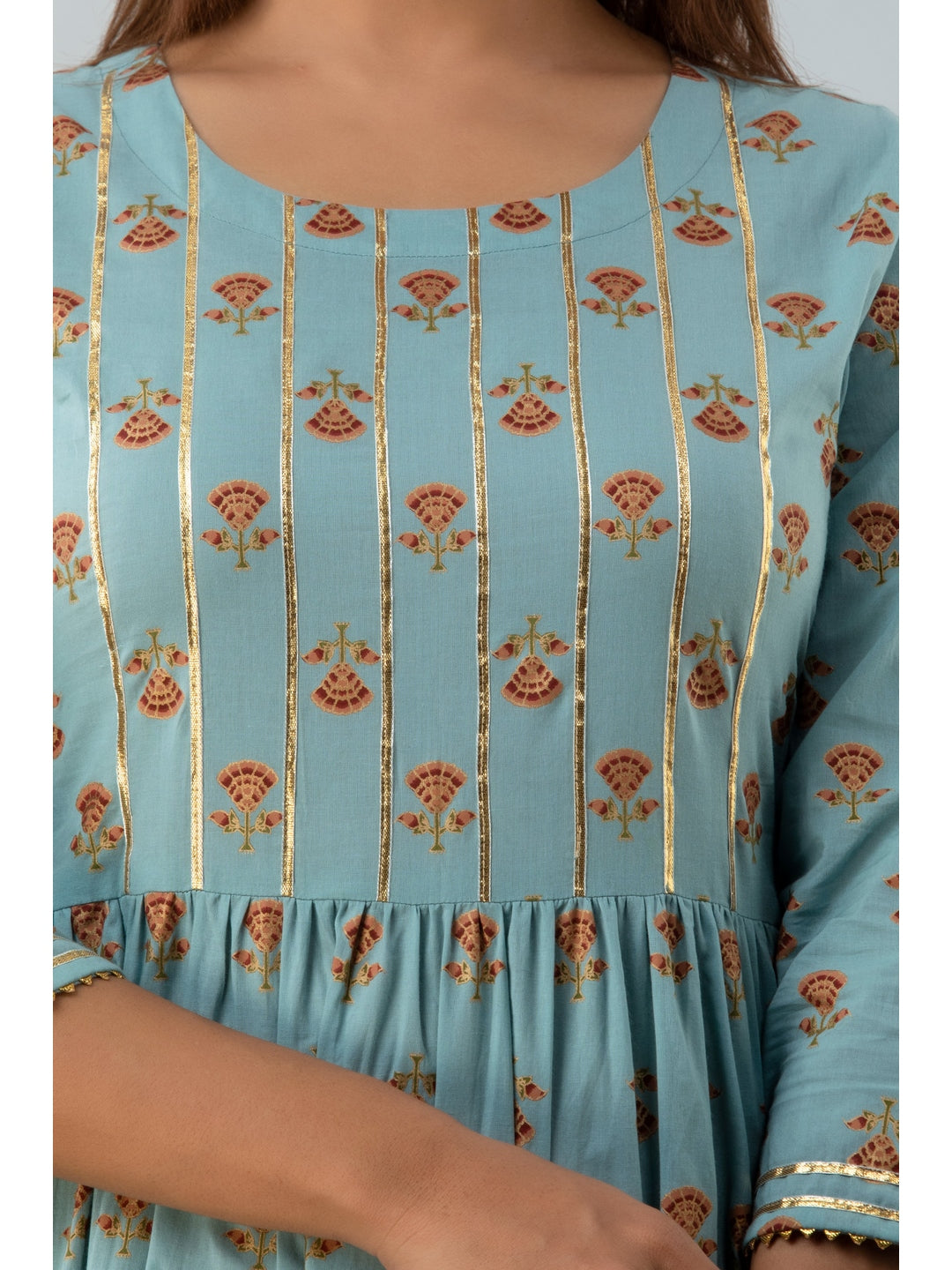 Cotton Printed Round Neck 3/4 Sleeve Flared Ankle Length Kurta