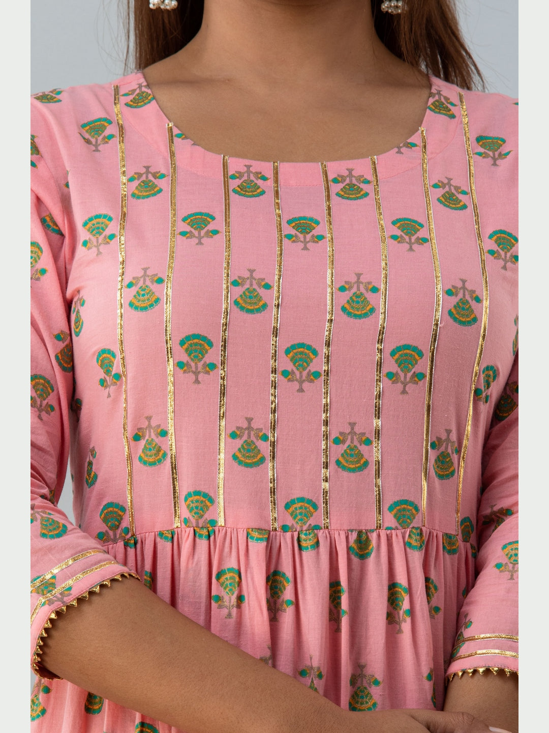 Cotton Printed Round Neck 3/4 Sleeve Flared Ankle Length Kurta