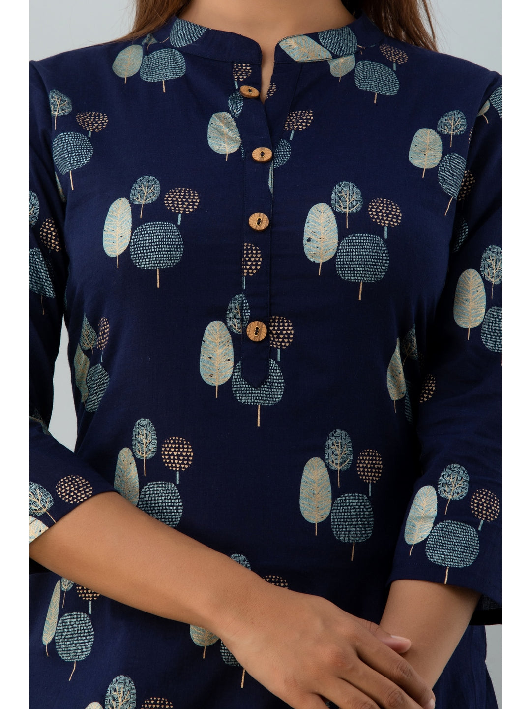 Cotton Printed Mandarin Neck 3/4 Sleeve Straight Calf Length Kurta