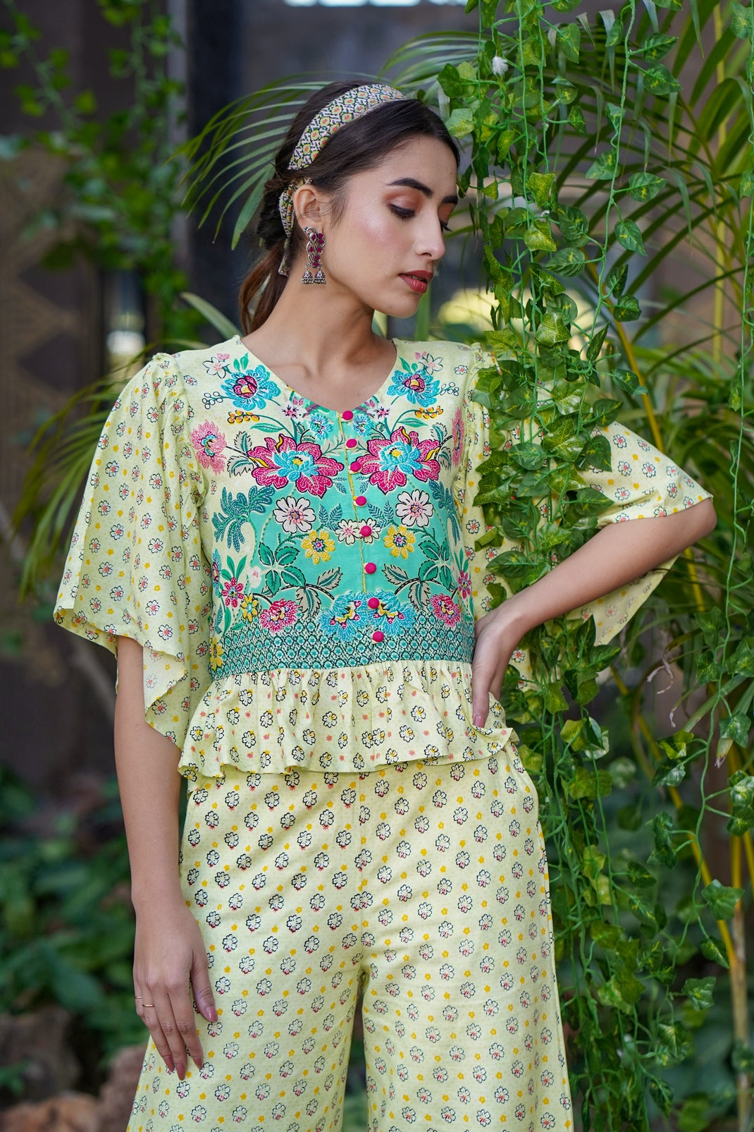 Lime Rayon Printed Peplum Top Palazzo Set