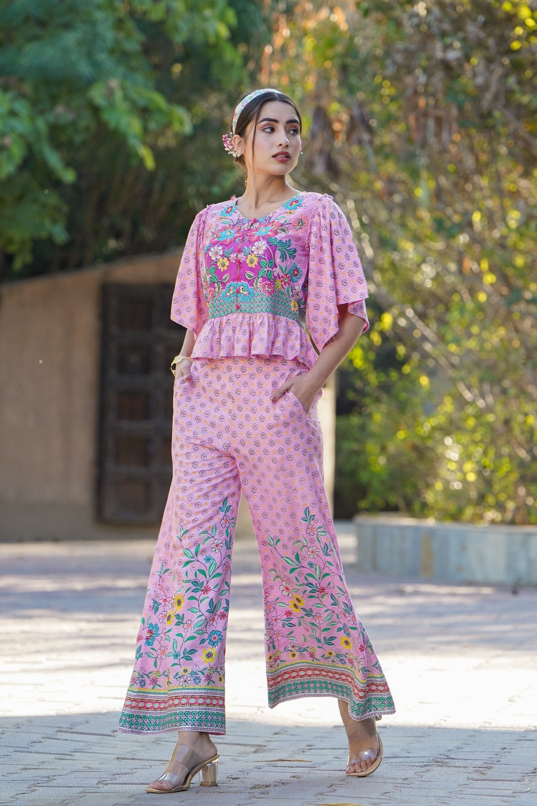 Pink Rayon Printed Peplum Top Palazzo Set