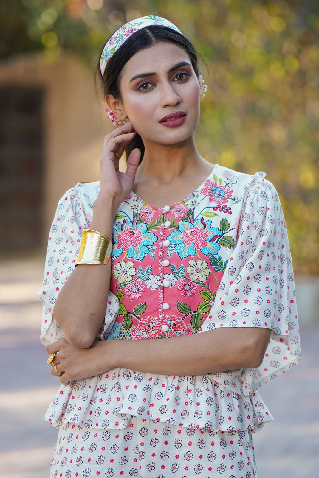 White Rayon Printed Peplum Top Palazzo Set