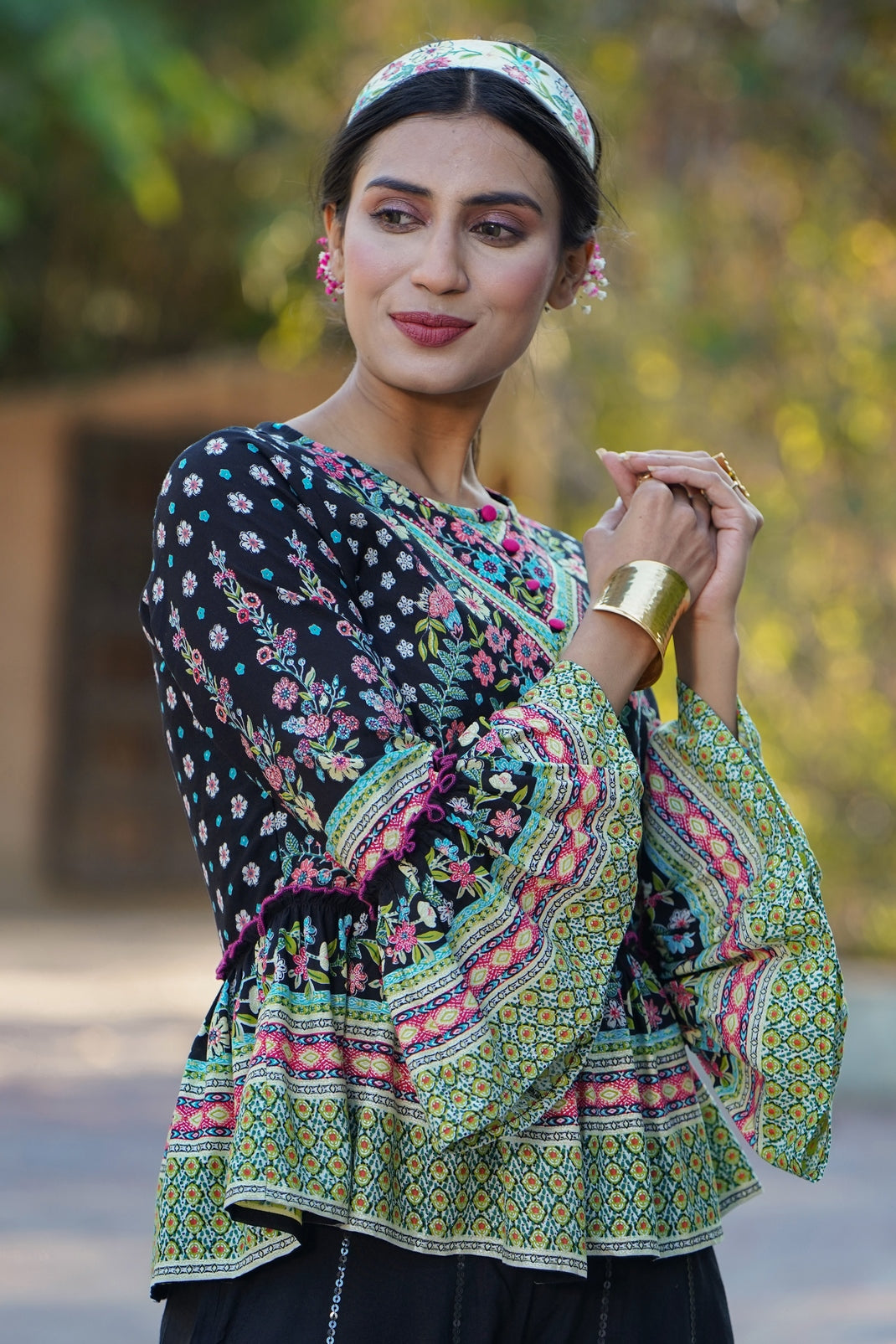 Black Rayon Printed Peplum Top Palazzo Set