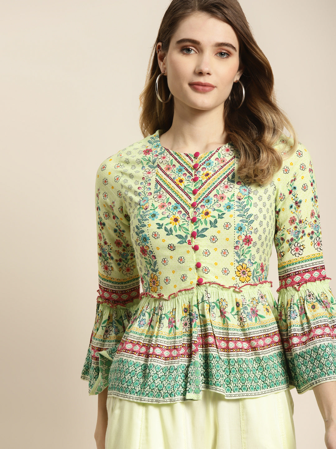 Lime Rayon Printed Peplum Top Palazzo Set