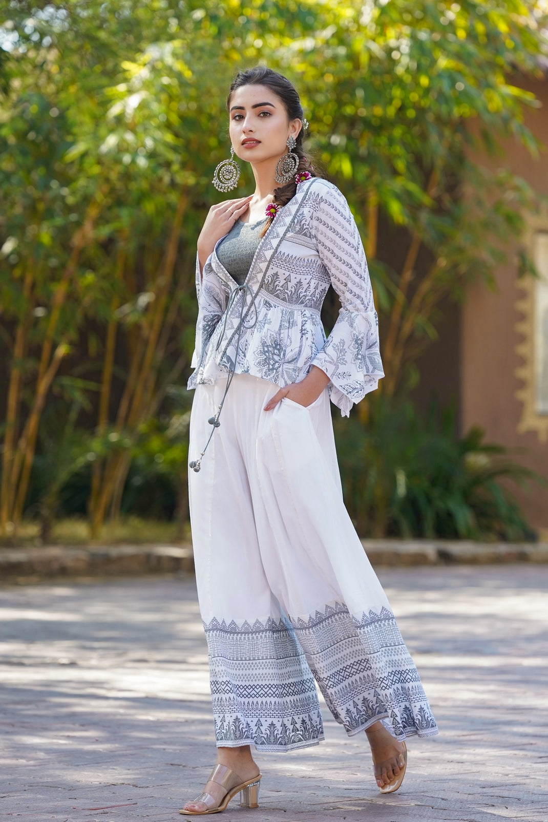 Grey Rayon Printed Peplum Jacket, Slip & Palazzo