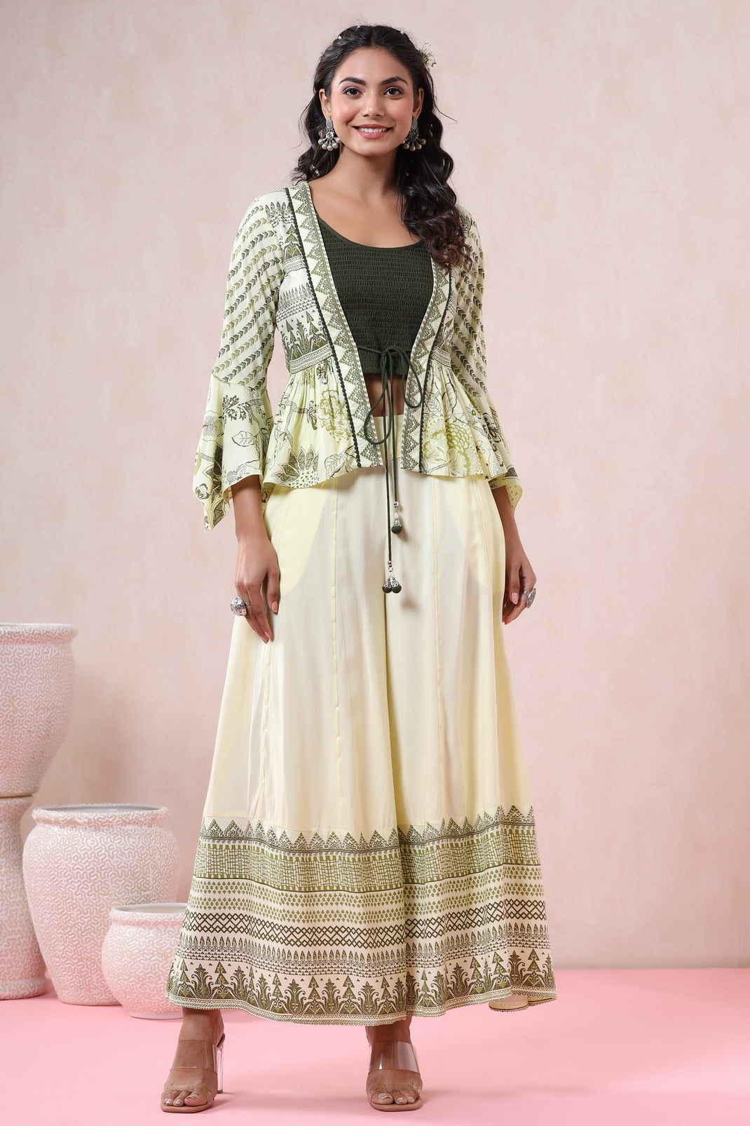 Light Olive Rayon Printed Peplum Jacket, Slip & Palazzo