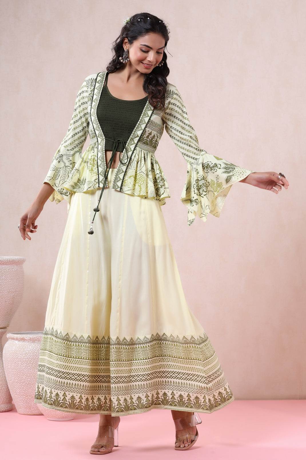 Light Olive Rayon Printed Peplum Jacket, Slip & Palazzo