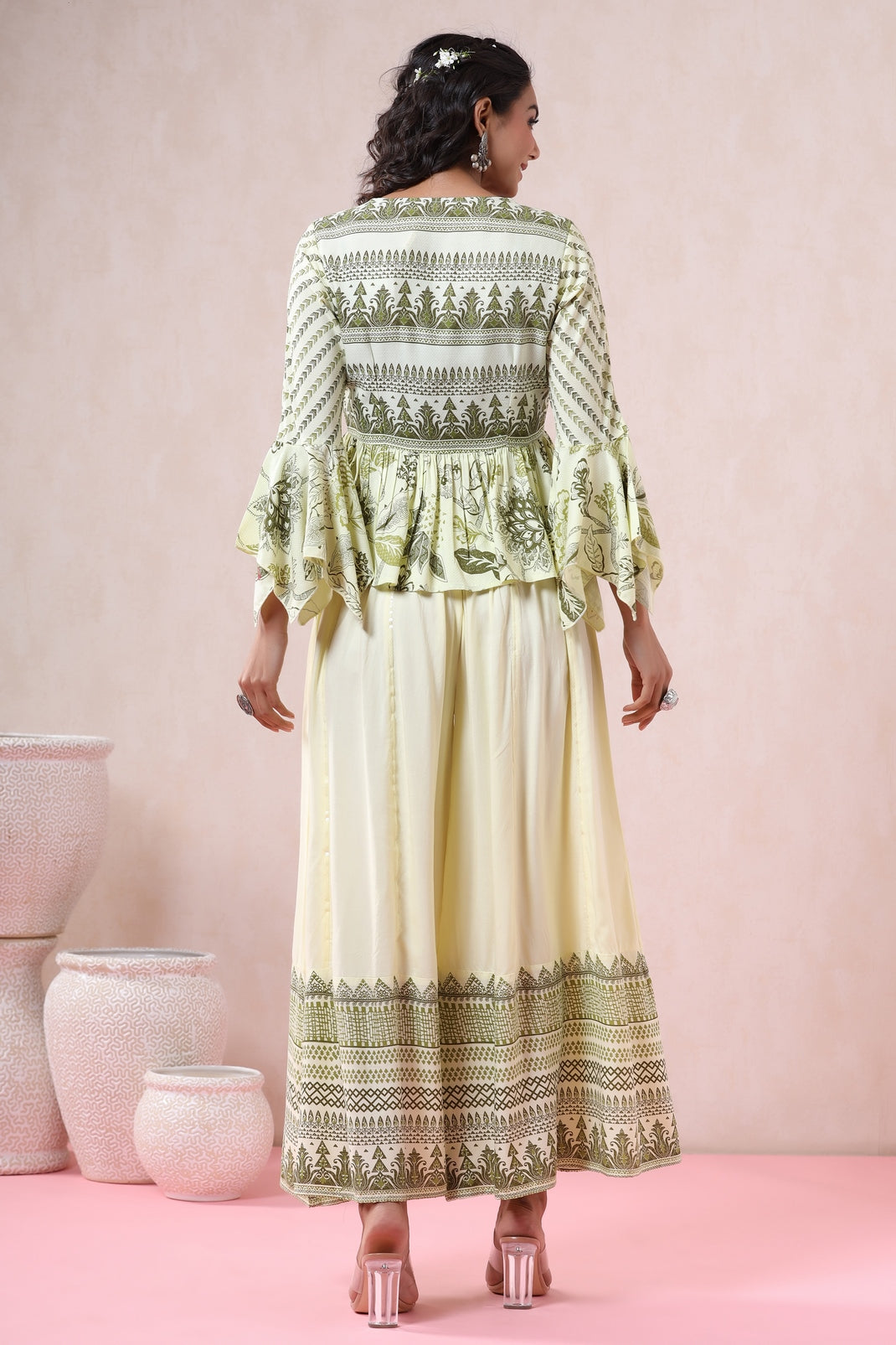 Light Olive Rayon Printed Peplum Jacket, Slip & Palazzo