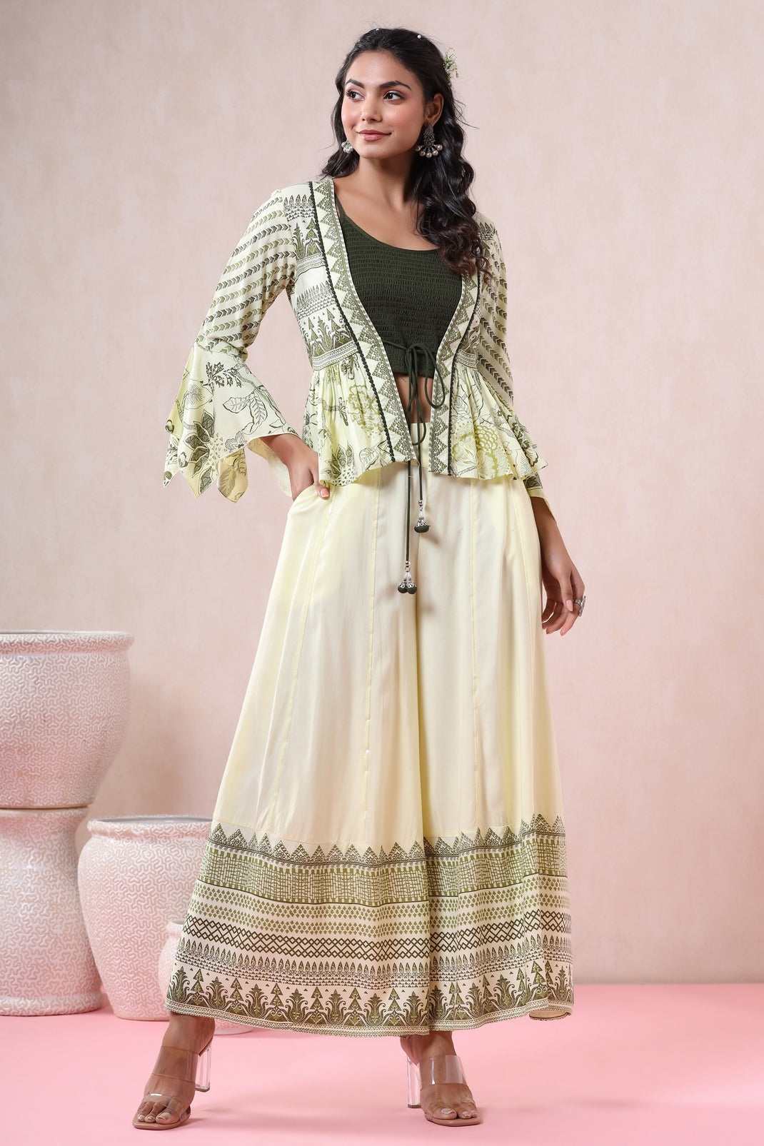 Light Olive Rayon Printed Peplum Jacket, Slip & Palazzo