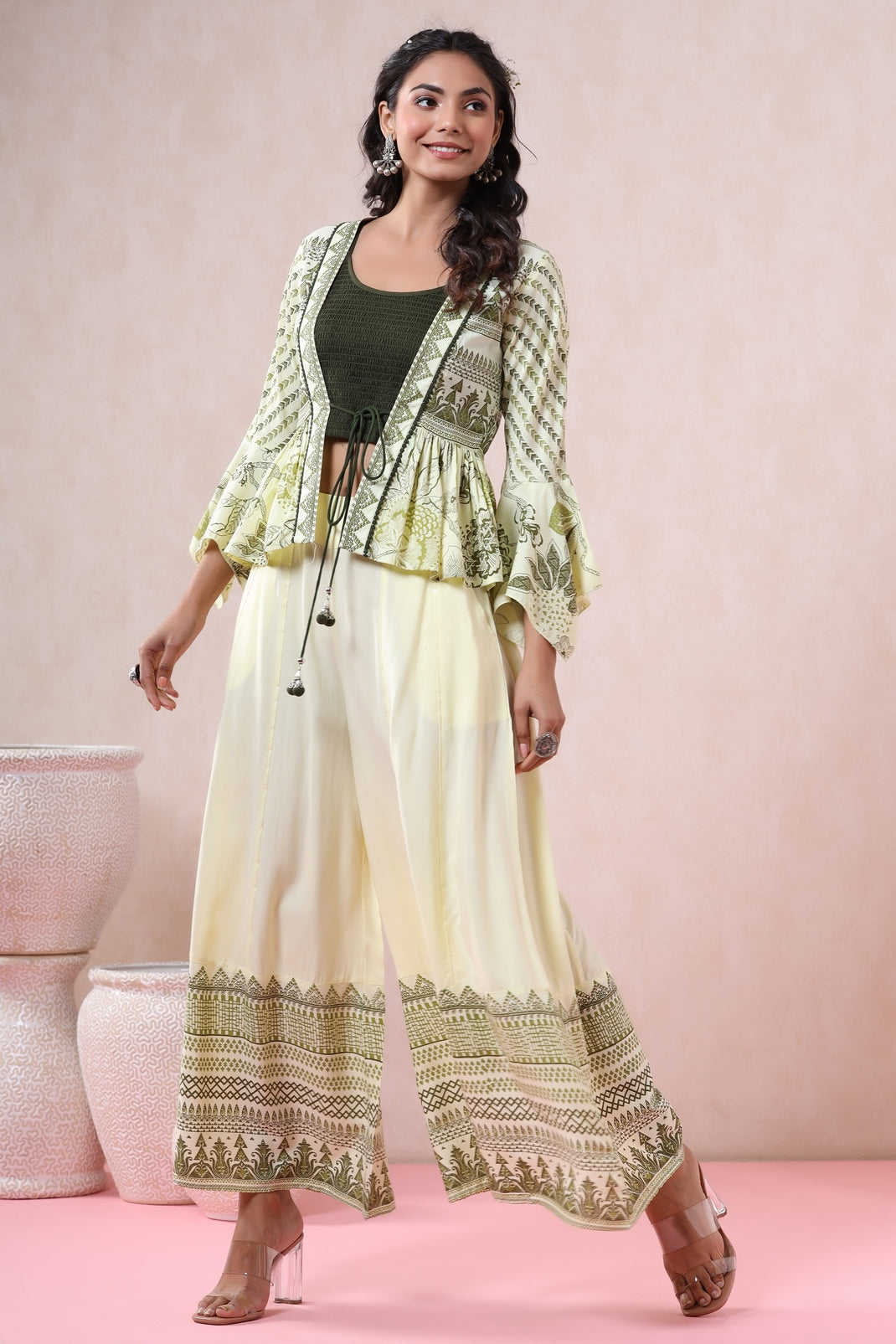 Light Olive Rayon Printed Peplum Jacket, Slip & Palazzo