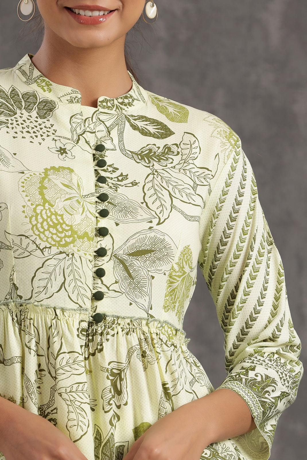 Light Olive Rayon Printed Peplum Top Palazzo Set