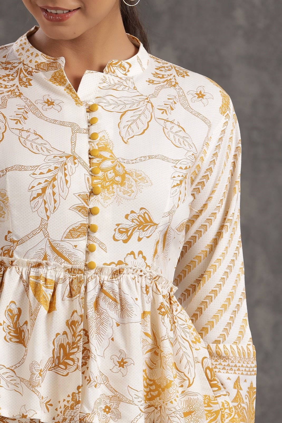 Mustard Rayon Printed Peplum Top Palazzo Set