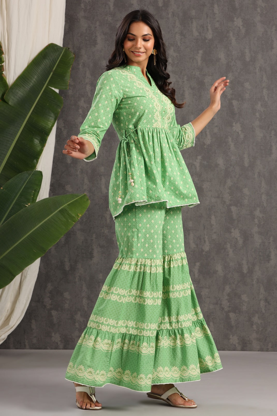 Green Cambric Printed Peplum Tunic Palazzo Set