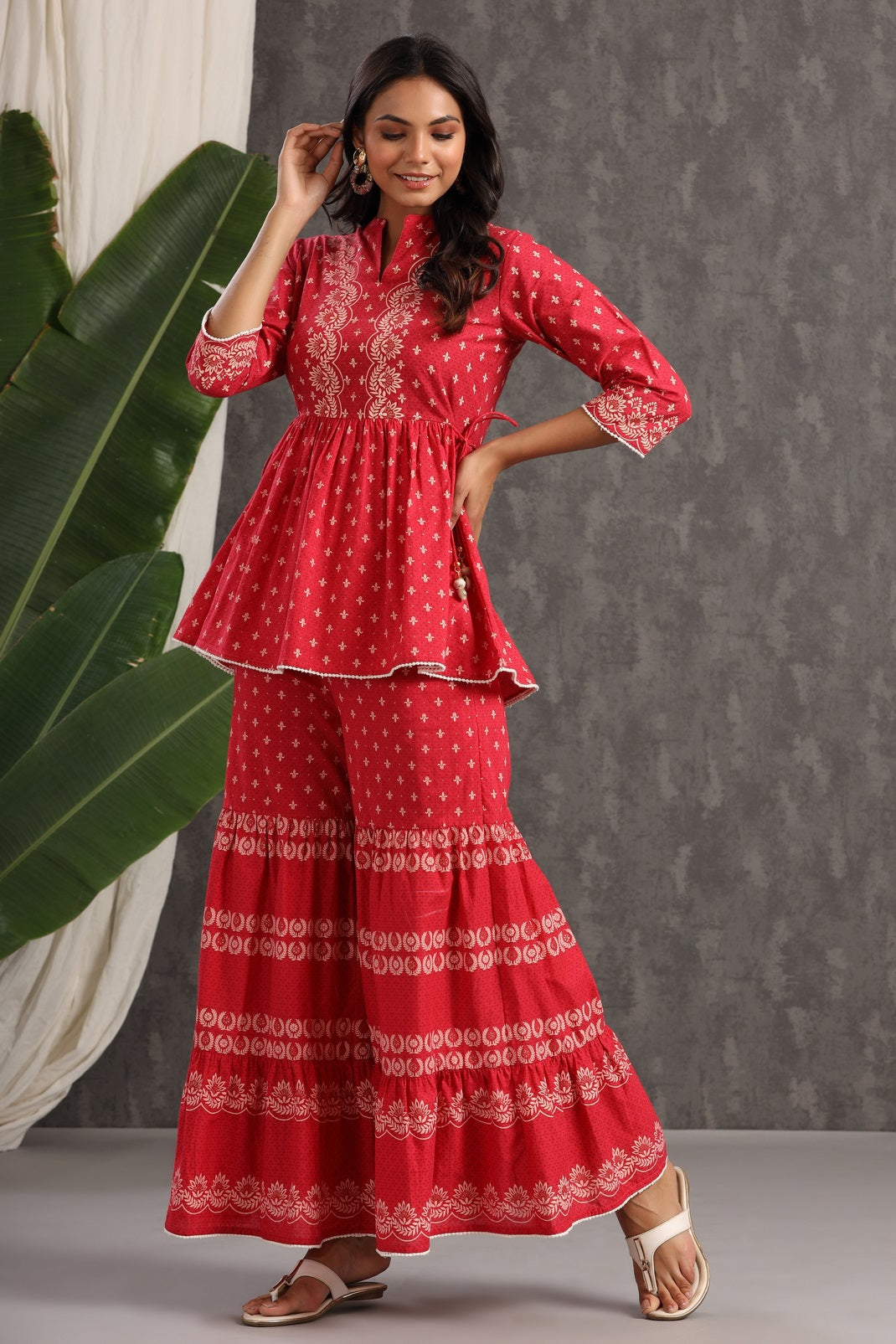 Red Cambric Printed Peplum Tunic Palazzo Set